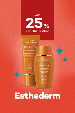Protetores Solares da marca Esthederm com destaque promocional 25% sobre pre&ccedil;o de Venda ao P&uacute;blico Recomendado